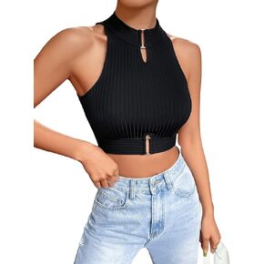 Floerns Women's Sleeveless Camisole Cut Out Mock Neck Rib Knit Crop Tank Top