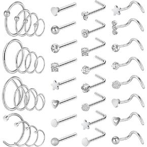 ONESING 40 PCS Nose Rings for Women 20G Nose Piercings Jewelry L Shaped Nose Rings Hoops Nose Studs Screw 316L Stainless Steel Nose Ring for Women Men Nose Piercing Studs