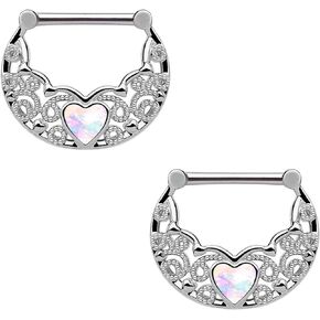 FLOGWE 14G 316L Heart Nipple Cliker Surgial Steel Opal Nipple Ring Nipple Piercing Jewelry Shiny Heart Clear CZ Nipple Bars Nipple Barbell for Women