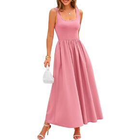 Women's 2024 Summer Maxi Dress Casual Sleeveless Square Neck Flowy Long Beach Elegant Tank Sundresses with Pockets