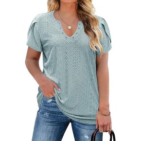 IN'VOLAND Womens Plus Size Summer Tops Casual Country V Neck Hollow Tee Shirts Petal Sleeve Fashion Loose Blouse 2024