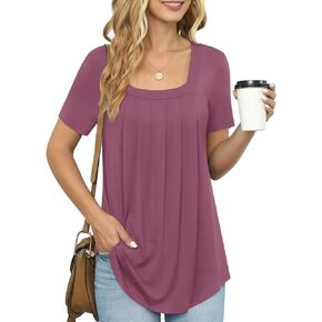 LONGYUAN Women Square Neck Tops Short Sleeve Shirts Casual Tunics Blouse Loose Fitting Cute Tshirt