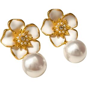 Teardrop Ball Beaded Flower Drop 14K Gold Plated Earings for Women Gold Dangle Hypoallergenic Elegant Gold Pearl Earings for Teen Girls Gifts