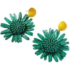 Boho Raffia Flower Earrings Cute Handmade Sunflower Raffia Rattan Drop Earrings for Women Girls Trendy Spring Summer Beach Vacation Statement Jewelry Gifts