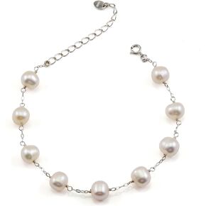 JFUME Pearl Bracelets for Women 925 Sterling Silver Rhodium Plated with 8mm White Cultured Freshwater Pearl Bracelet 7.5inches Adjustable