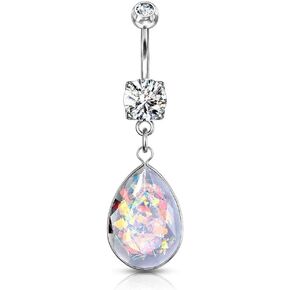 Forbidden Body Jewelry Surgical Steel CZ Dangle Belly Button Ring with Teardrop Rainbow Glitter Opalite