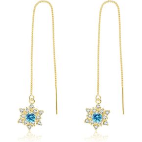 SLUYNZ Solid 925 Sterling Silver Blue Crystal Snowflake Dangle Earrings Chain for Women Teen Girls Snowflake Dangling Earrings Threader Tassel Christmas Gifts