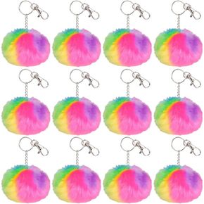 ArtCreativity Rainbow Pom Pom Keychains, Set of 12, Keychains for Girls and Boys with Secure Lobster Clasps, Holiday Stocking Stuffers, Backpack Charms, and Princess Party Favors, Multi-Colored