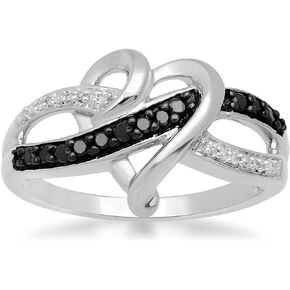 Jewelili Sterling Silver 1/10 Cttw Treated Black and Natural White Round Diamonds Heart Engagement Ring