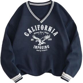 SweatyRocks Women's Casual V Neck Letter Graphic Print Sweatshirt Long Sleeve Drop Shoulder Color Block Pullover Tops