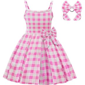 AWIBMK Kids Pink Gingham Dress for Girls Plaid Dresses with Hat Bowknot Headband Pink Halloween Costumes Cosplay 3-12T