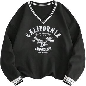 SweatyRocks Women's Casual V Neck Letter Graphic Print Sweatshirt Long Sleeve Drop Shoulder Color Block Pullover Tops