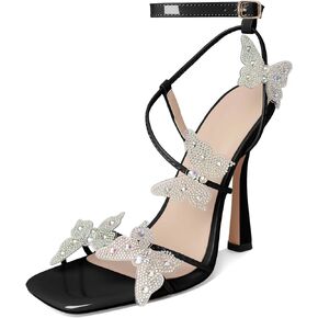 Joseywade Butterfly Heels Sandals Rhinestone Crystal Butterflies Heels Open Square Toe Stilettos High Heels 4.5 Inch Women's Ankle Strap Shoes