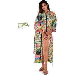 Indian Handmade Frida Kahlo Design Sleepwear Beach Cover Up Cotton Bath Robes Kimono Women Cardigan Nightgown (Multi)