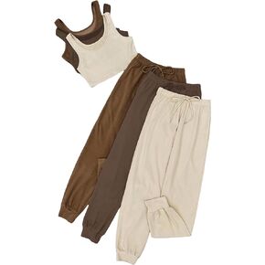 Floerns Women's 6 Piece Solid Crop Tank Top with Drawstring Pants Lounge Set