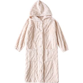 POSSIDEA Women's Fleece Robes Hooded Plush Button Front Warm Housecoat Sleepwear with Pockets