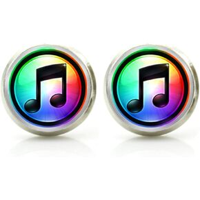 DianaL Boutique Silver Tone Glass Cabochon Music Note Earrings Stud