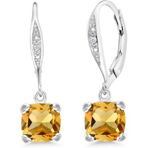 Gem Stone King 925 Sterling Silver Yellow Citrine and White Diamond Earrings For Women (2.81 Cttw, Gemstone November Birthstone, Cushion 7MM)