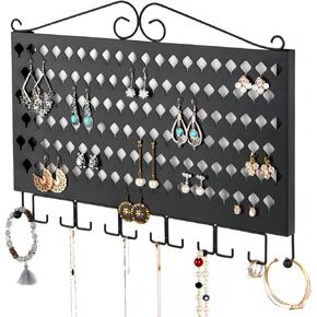 JackCubeDesign Wall Mounted Jewelry Organizer, Earring Necklace Bracelet Holder Display Hanger with 109 Holes & 19 Hooks (Black,16.5 x 2.4 x 13.2 inches) - MK329A