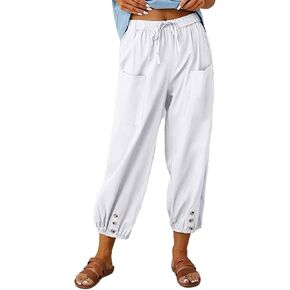 Wanzetaly Summer Cotton Linen Capri Pants for Women Loose Cropped Stretch Tapered Lantern Harem Pants Capris