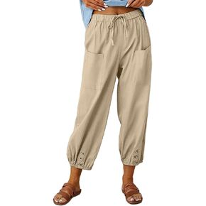 Wanzetaly Summer Cotton Linen Capri Pants for Women Loose Cropped Stretch Tapered Lantern Harem Pants Capris