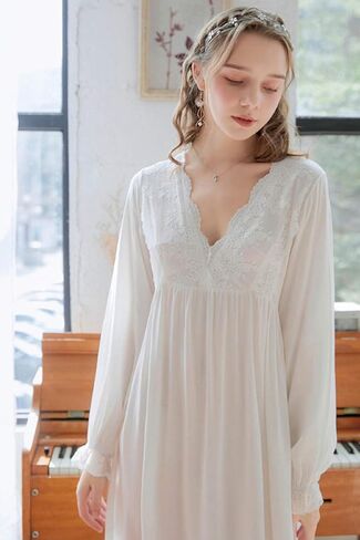 ASHER FASHION Women's Vintage Victorian Nightgown Long Sleeve Lace V Neck Sleepwear Cotton Pajamas Nightwear Lounge Dress in Saudi Arabia