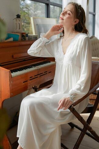 ASHER FASHION Women's Vintage Victorian Nightgown Long Sleeve Lace V Neck Sleepwear Cotton Pajamas Nightwear Lounge Dress in Saudi Arabia