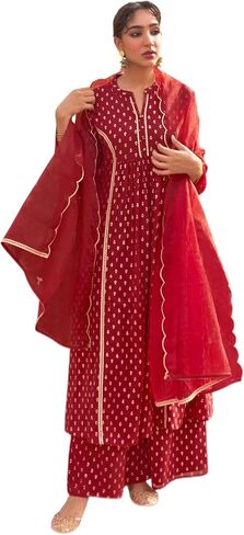 كورتا نسائية هندية من Janasya Indian Maroon Georgette Foil Motif مطبوعة مع Palazzo وDupatta in Saudi Arabia