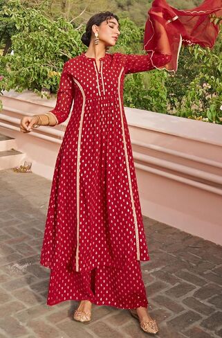 كورتا نسائية هندية من Janasya Indian Maroon Georgette Foil Motif مطبوعة مع Palazzo وDupatta in Saudi Arabia