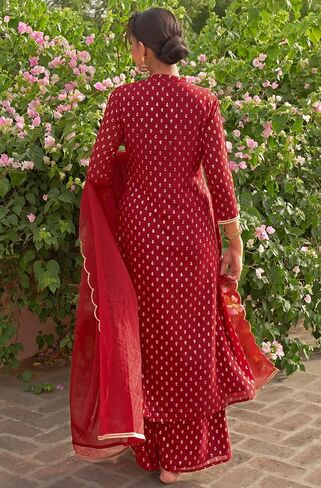 كورتا نسائية هندية من Janasya Indian Maroon Georgette Foil Motif مطبوعة مع Palazzo وDupatta in Saudi Arabia