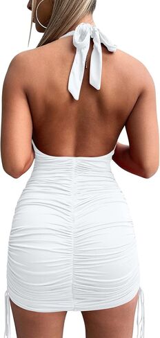 HOCILLE Women's Sexy Halter Bodycon V Neck Backless Ruched Drawstring Mini Club Party Dresses in Saudi Arabia