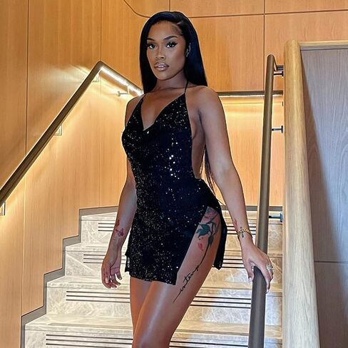 المرأة الترتر الرسن Bodycon فستان قصير انقسام هيم عارية الذراعين رقبة الطربوش مثير فستان قصير مفتوح الظهر فساتين حفلات الكوكتيل in Saudi Arabia