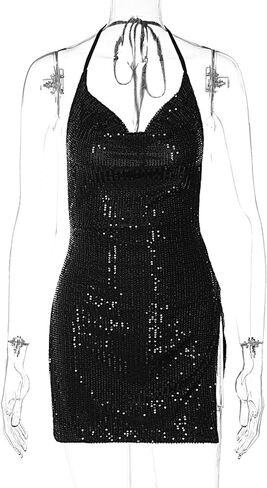 المرأة الترتر الرسن Bodycon فستان قصير انقسام هيم عارية الذراعين رقبة الطربوش مثير فستان قصير مفتوح الظهر فساتين حفلات الكوكتيل in Saudi Arabia