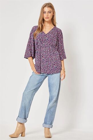 عزيزي سكارليت 3/4 كم طول قمصان نسائية - بلوزة نسائية مريحة خالية من التجاعيد ورقبة على شكل حرف V للمناسبات غير الرسمية in Kuwait