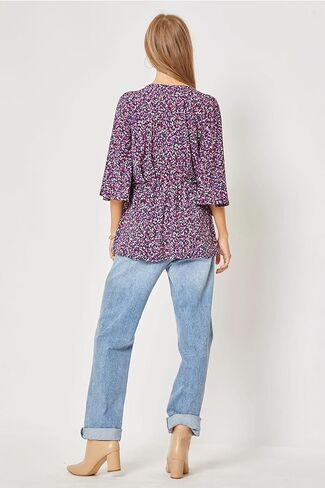 عزيزي سكارليت 3/4 كم طول قمصان نسائية - بلوزة نسائية مريحة خالية من التجاعيد ورقبة على شكل حرف V للمناسبات غير الرسمية in Kuwait