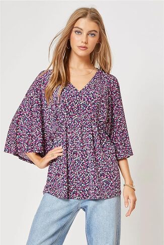 عزيزي سكارليت 3/4 كم طول قمصان نسائية - بلوزة نسائية مريحة خالية من التجاعيد ورقبة على شكل حرف V للمناسبات غير الرسمية in Kuwait