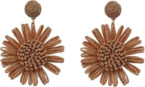 Boho Raffia Flower Earrings Cute Handmade Sunflower Raffia Rattan Drop Earrings for Women Girls Trendy Spring Summer Beach Vacation Statement Jewelry Gifts in Kuwait