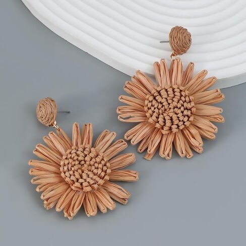 Boho Raffia Flower Earrings Cute Handmade Sunflower Raffia Rattan Drop Earrings for Women Girls Trendy Spring Summer Beach Vacation Statement Jewelry Gifts in Kuwait