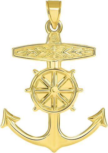 14k Yellow Gold 3D Ship Anchor and Wheel Nautical Pendant in Saudi Arabia