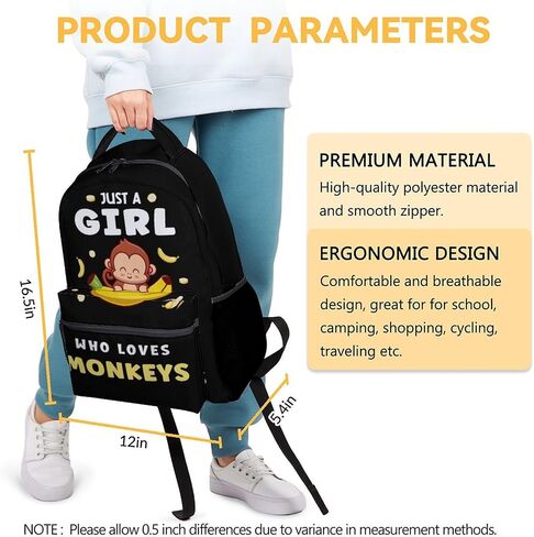 Monkey Backpack for Girls Boys, 16" Cute School Bookbag, Cartoon Large Capacity Laptop Bag for Kids Students in Saudi Arabia