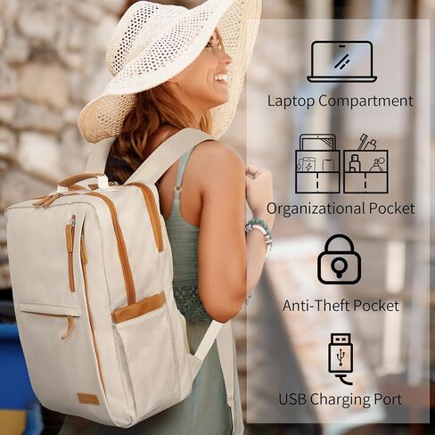 OSOCE Laptop Backpack for Men and Women, 15.6 Inch Smart Backpack 16 Pockets Travel Backpack Work Backpack with USB Charging Port Laptop Bag for College Business, Beige in Saudi Arabia