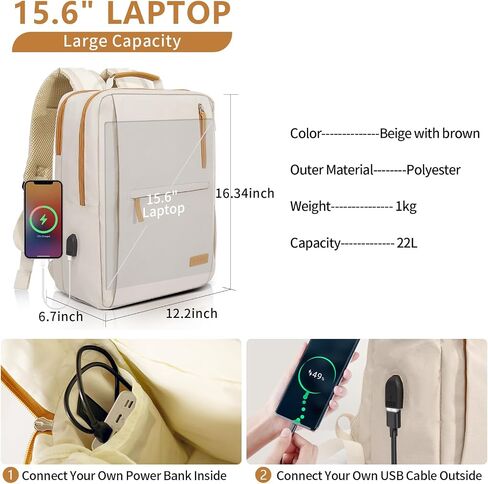 OSOCE Laptop Backpack for Men and Women, 15.6 Inch Smart Backpack 16 Pockets Travel Backpack Work Backpack with USB Charging Port Laptop Bag for College Business, Beige in Saudi Arabia