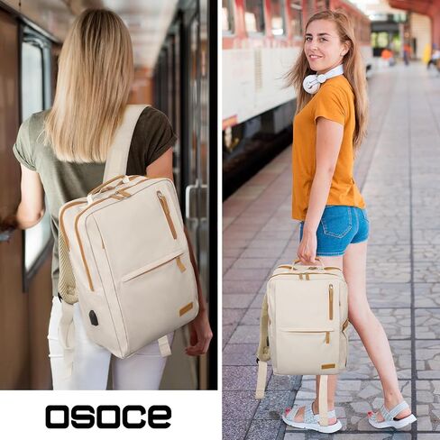 OSOCE Laptop Backpack for Men and Women, 15.6 Inch Smart Backpack 16 Pockets Travel Backpack Work Backpack with USB Charging Port Laptop Bag for College Business, Beige in Saudi Arabia