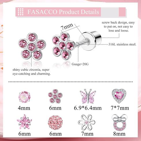 FASACCO 8 أزواج من الأقراط الخلفية المسمار للنساء الملونة تشيكوسلوفاكيا الزهور الكرة المسمار الخلفي الأقراط الأزرار الفولاذ المقاوم للصدأ القلب فراشة المسمار الخلفي مجموعة الأقراط in Kuwait