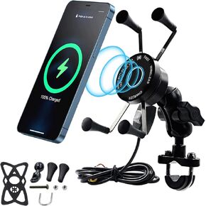 ANKBOY Motorcycle Phone Mount with Charger, Wireless Charging Qi 15W Fast Port Waterproof Mobile Holder with Switch Power Cord 360° Rotating Handlebar Mirror Mount Aluminum Alloy Phones Holder Charger