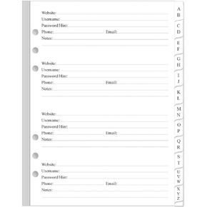 Password Book Refills for A5 Binder - A-Z Password Notebook Refill Paper with Alphabetical Tabs, 120gsm White Paper, 6-Hole Punehed, 5.8" x 8.3"