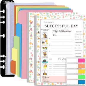 Rancco A5 Planner إدراجات لقائمة المهام، 90 صفحة ملونة 6 حلقات مخططة أوراق فضفاضة مع مقسم مجلد، حقيبة بسحاب، مسطرة، علامة تبويب مؤشر للمجلة الشخصية، Filofax، مزدوج الجوانب، غير مؤرخ، 5.5 × 8.3 بوصة