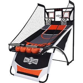 Hall of Games EZ Fold Premium Indoor Arcade Basketball Game with Steel Frame and Polycarbonate Backboard, Dual Shot Electronic Scoring with 6 Size 3 Balls Included, Perfect for Basement Game Rooms