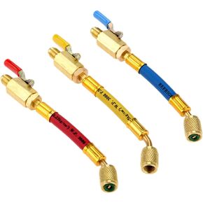 R134A R410A R22 R12 Charging Hoses and Ball Valve Set, 3 Pcs Color Coded Hoses/w Ball Valve 1/4" SAE Thread (7" Long) for AC HVAC Maintenance Kit and Air Condition Refrigeration Charging Tools