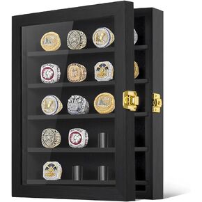 Championship Ring Display Case, 20 Ring Posts Sports Ring Display Case Wooden Shadow Box for Baseball Basketball Football Softball Award Rings Fan Souvenirs